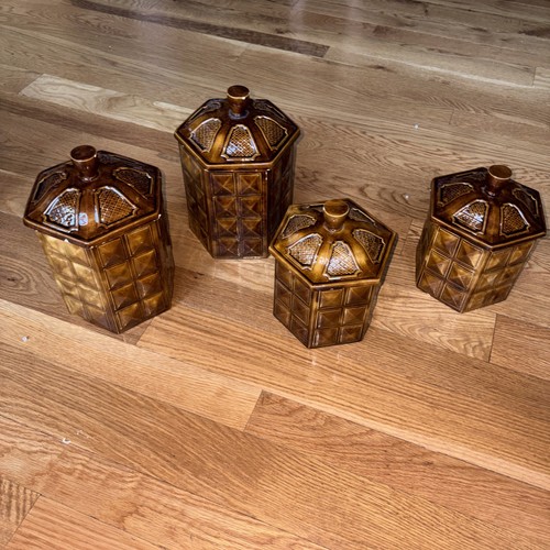 4 Vintage Ceramic Canister Set Brown Wood Panel 1970’s Container