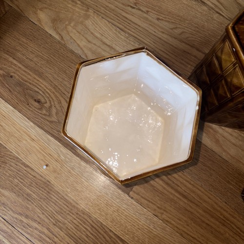 4 Vintage Ceramic Canister Set Brown Wood Panel 1970’s Container - photo 2