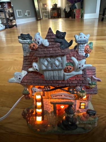 Vintage Halloween Pumpkin Factory Ceramic House Witch Ghost Cat
