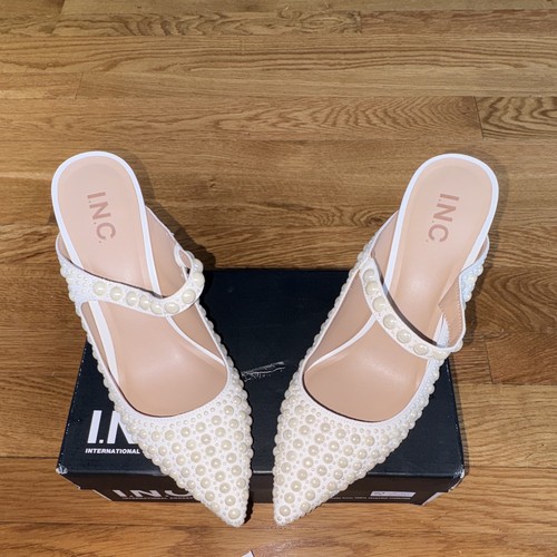 I.N.C. White Pearl Beaded Pointed Toe Mule Slip-On Heels US 10