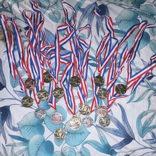 17 Gold Silver Bronze Medals with Red White Blue Ribbons