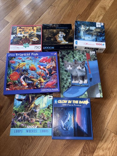 7 Lot Animal Puzzles, Cats, Tigers, Horses, Dolphins, Wolves, An