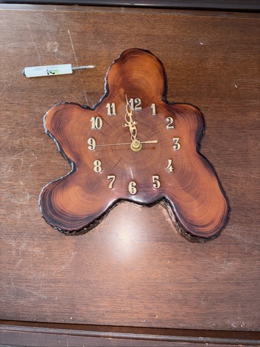 Vtg Live Edge Wood Tree Slice Slab Wall Clock Burl Resin MCM