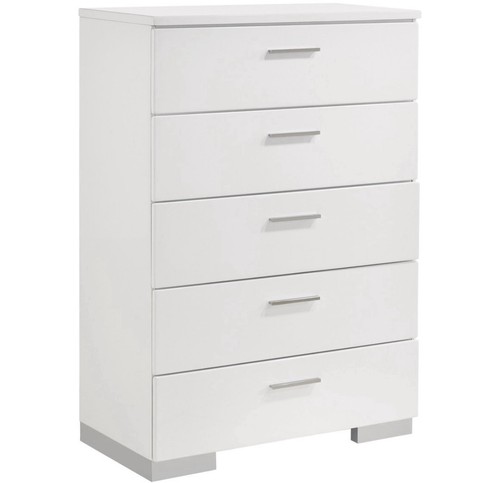 White 5-Drawer Chest of Drawers Dresser, Silver Tone Handles