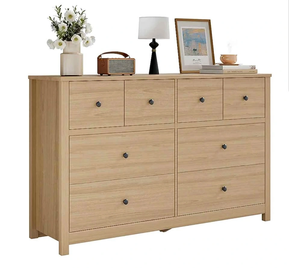 8‑Drawer Wide Dresser – Natural Wood Finish (Like New, Unassembl