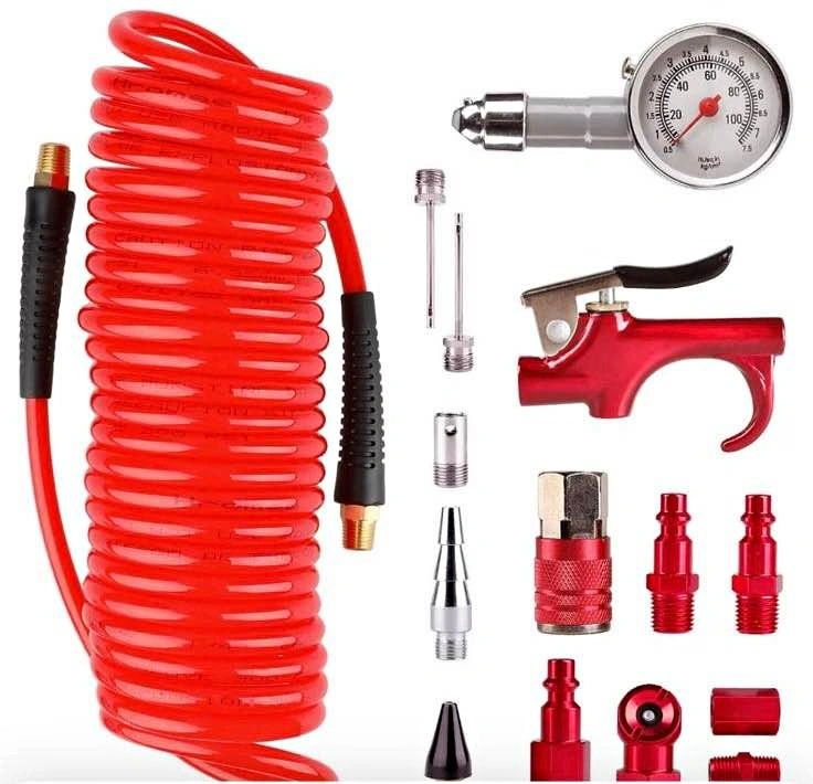 Air Compressor Accessory Kit with Recoil Hose and Pressure Gauge
