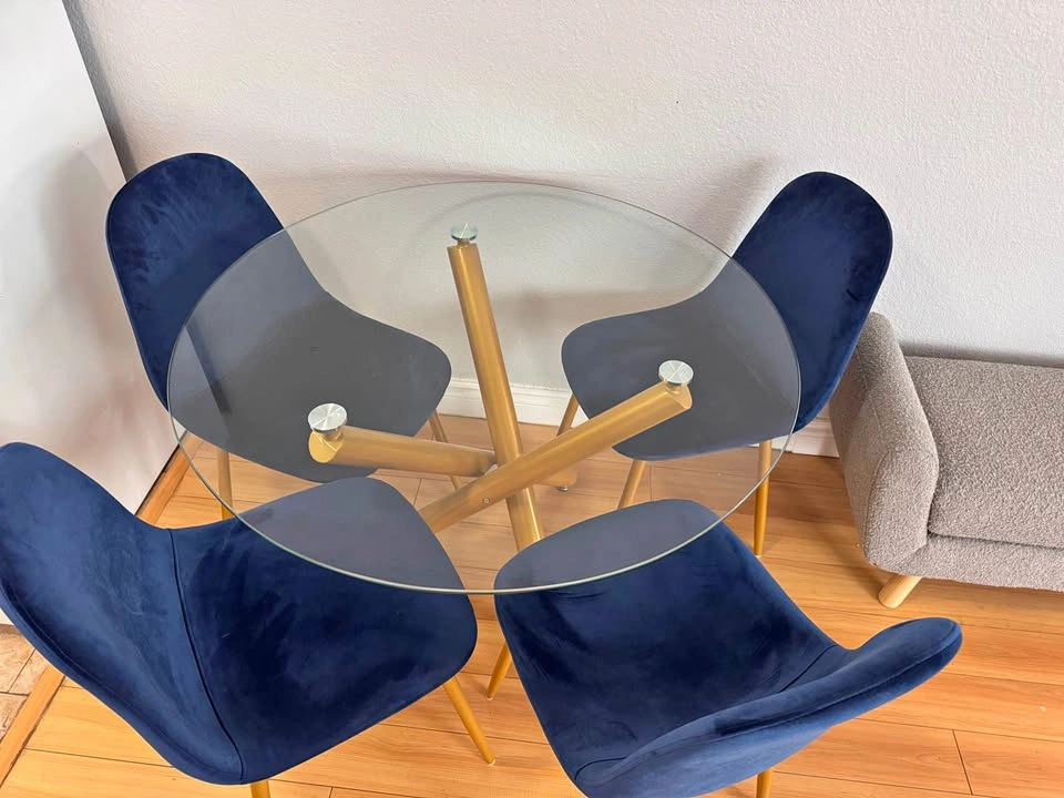 Modern Round Glass Dining Table + 4 Navy Blue Velvet Chairs