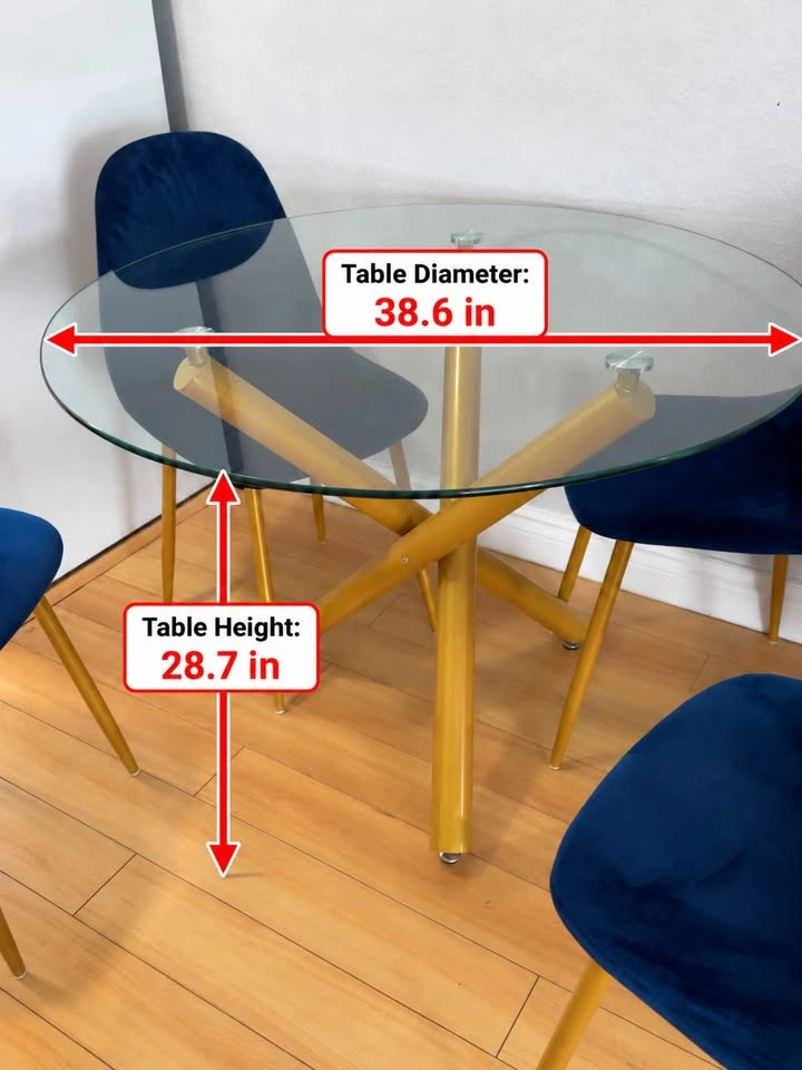 Modern Round Glass Dining Table + 4 Navy Blue Velvet Chairs - photo 2
