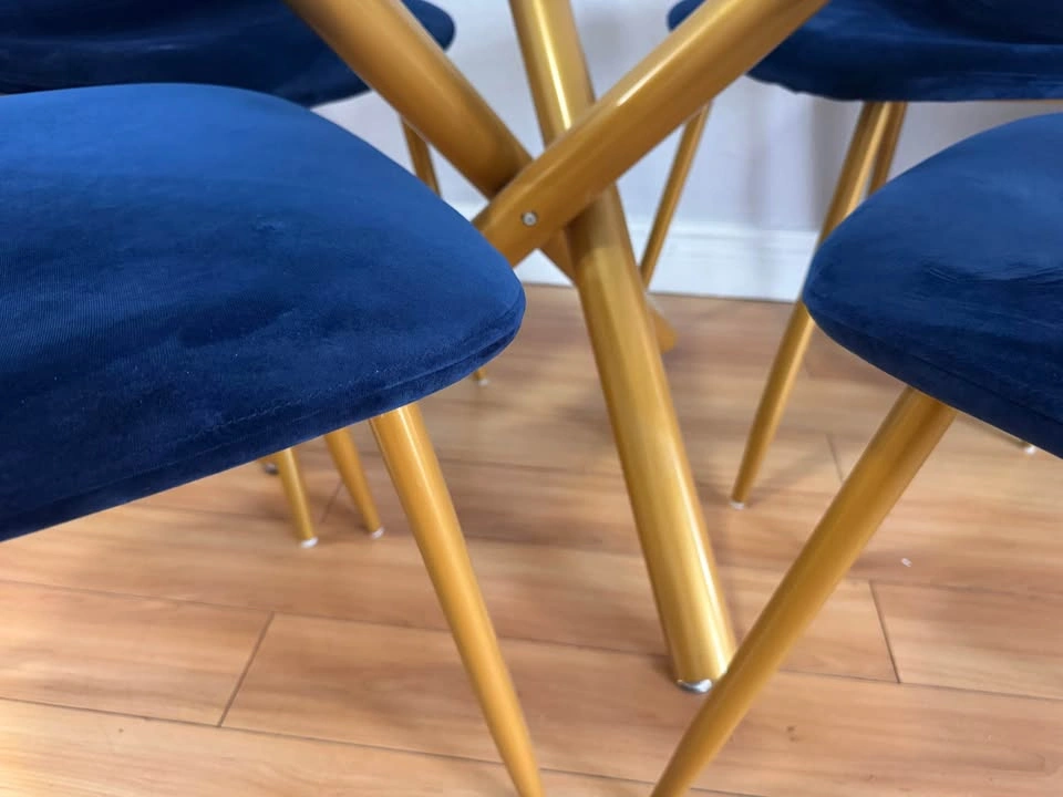 Modern Round Glass Dining Table + 4 Navy Blue Velvet Chairs - photo 4