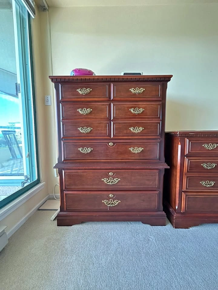 Cherry Bedroom Set — Long Dresser + Tall Chest