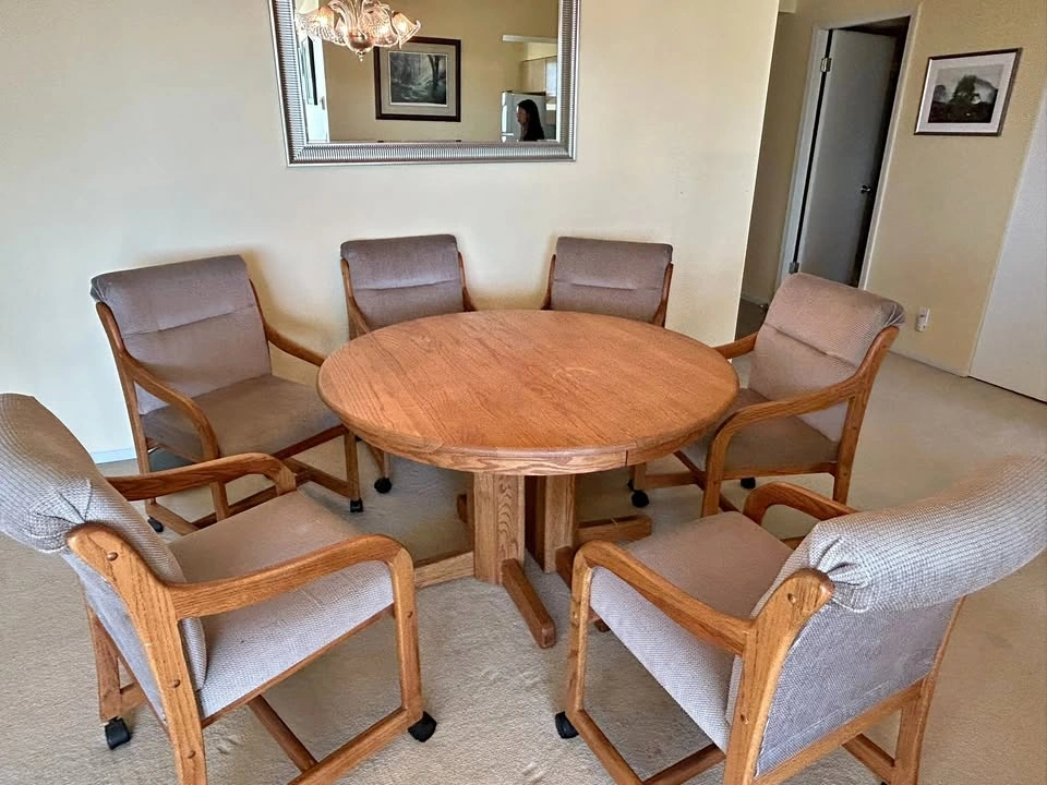 Solid Oak Extendable Dining Table + 6 Caster Armchairs