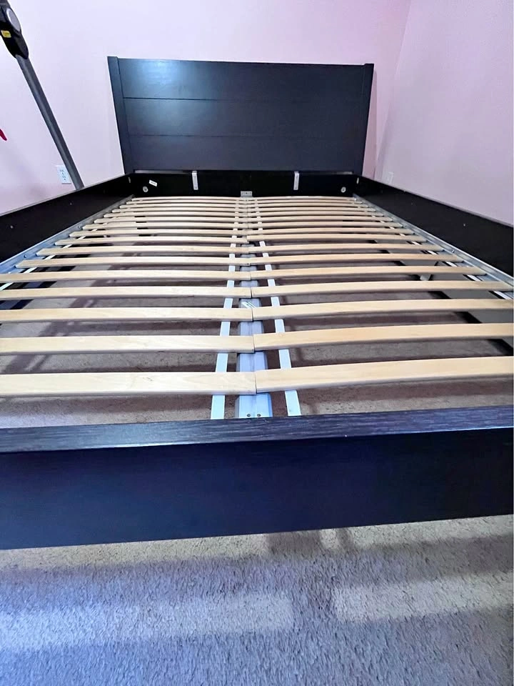 Solid Queen Bed Frame with Slats and Headboard