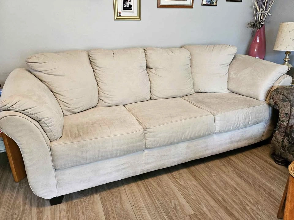 Beige Microfiber Three-Cushion Sofa