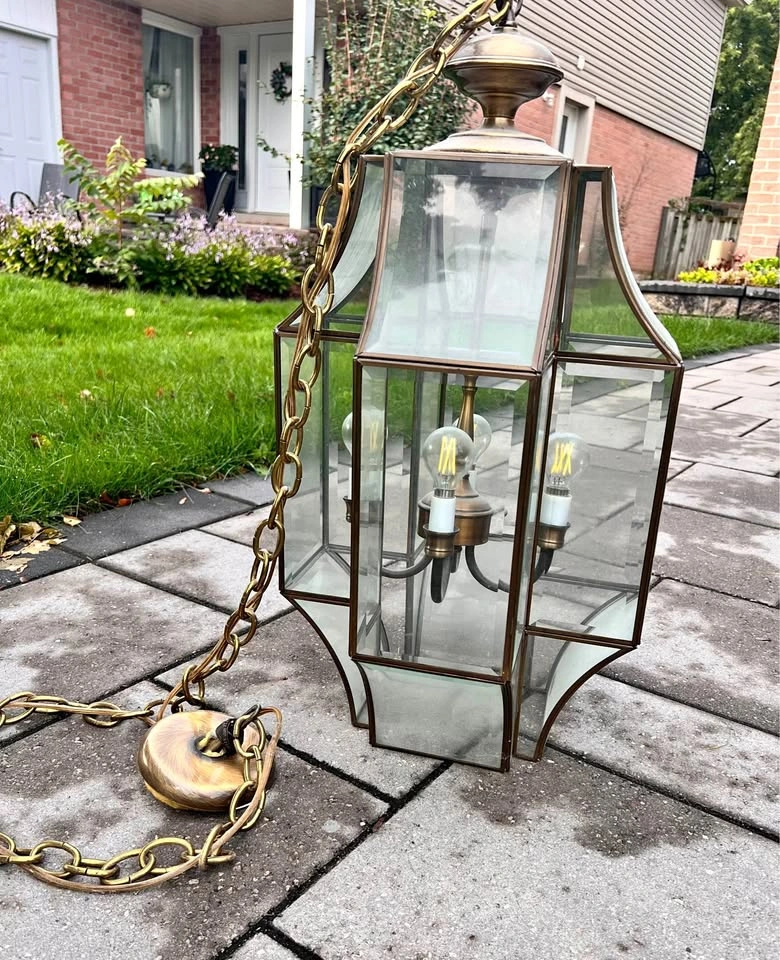 Brass and Glass Lantern Pendant Chandelier