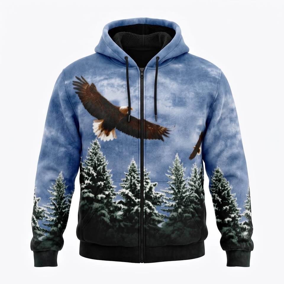 Eagle and Forest Print Zip-Up Hoodie