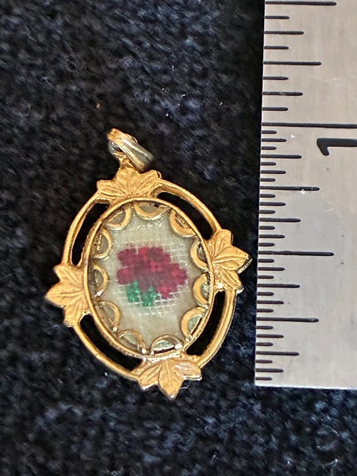 Vintage Floral Petit Point Pendant – Ornate Gold-Tone Frame