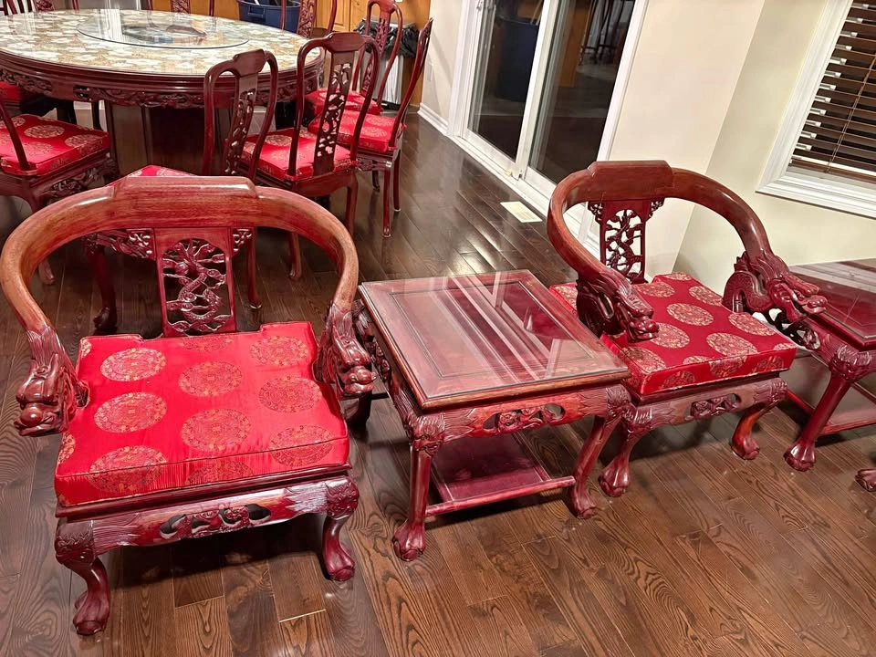 Pair Chinese Carved Dragon Armchairs with Matching Glass Table