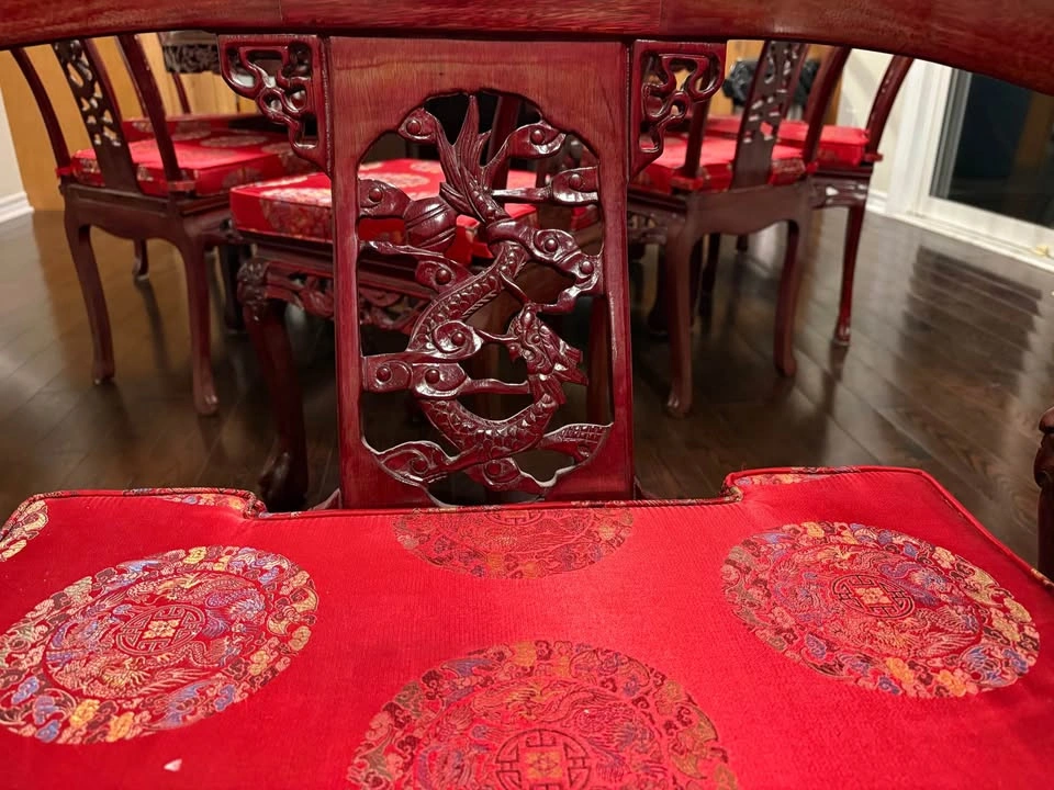 Pair Chinese Carved Dragon Armchairs with Matching Glass Table - photo 2