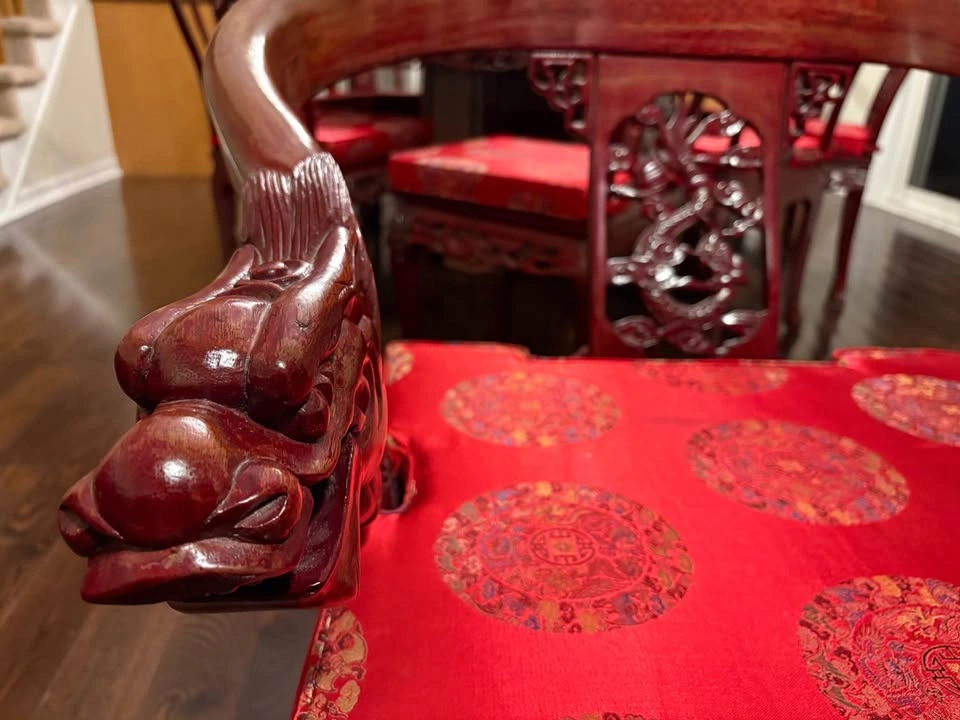 Pair Chinese Carved Dragon Armchairs with Matching Glass Table - photo 3