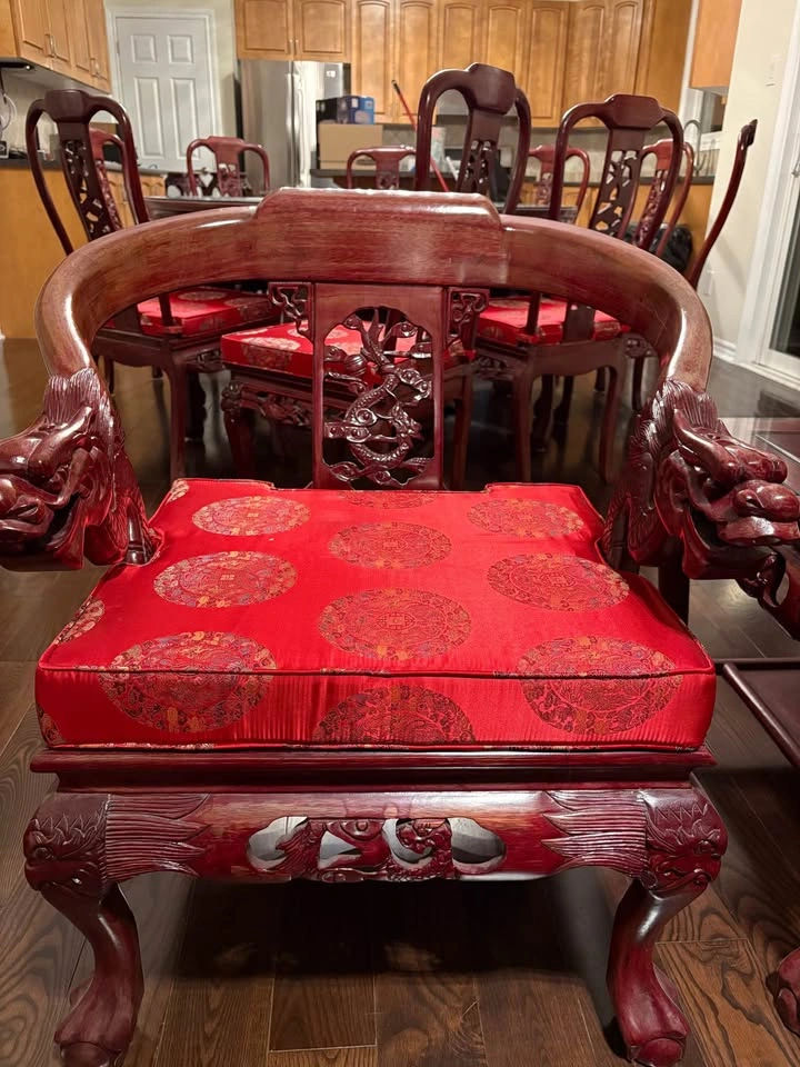 Pair Chinese Carved Dragon Armchairs with Matching Glass Table - photo 4
