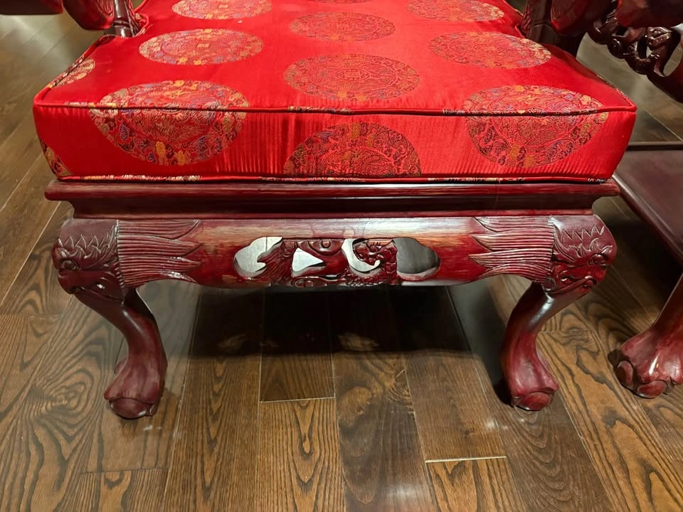 Pair Chinese Carved Dragon Armchairs with Matching Glass Table - photo 5