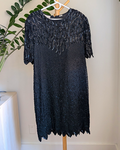 Vintage Laurence Kazar 100% Silk Beaded Sequin Cocktail Dress