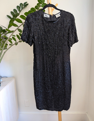 Vintage Beaded Dreams 100% Silk Black Cocktail Dress M