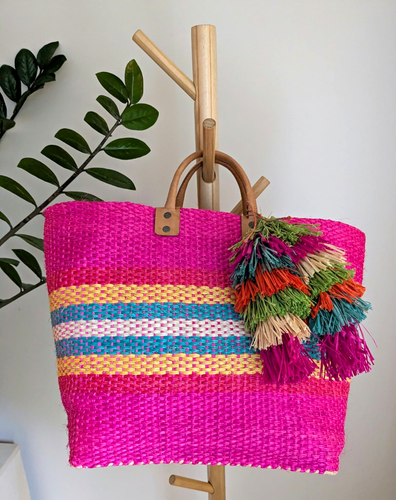 Mar Y Sol Handmade Woven Straw Striped Tote Pink Tassel