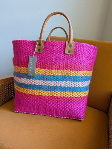 Mar Y Sol Handmade Woven Straw Striped Tote Pink Tassel - photo 2
