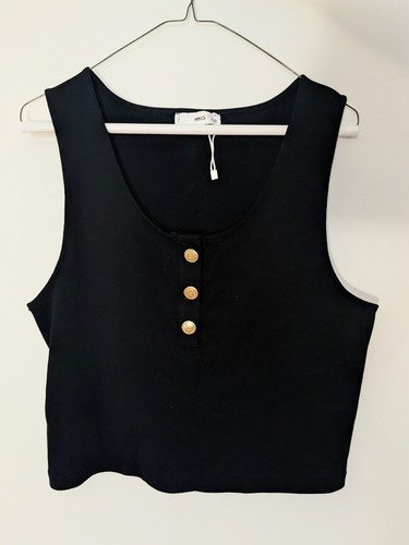 MANGO Black Sleeveless Scoop Neck Tank Top Button Accent Cotton