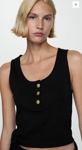 MANGO Black Sleeveless Scoop Neck Tank Top Button Accent Cotton - photo 4