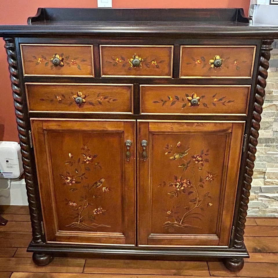 Hand-Painted Floral and Bird Wooden Cabinet