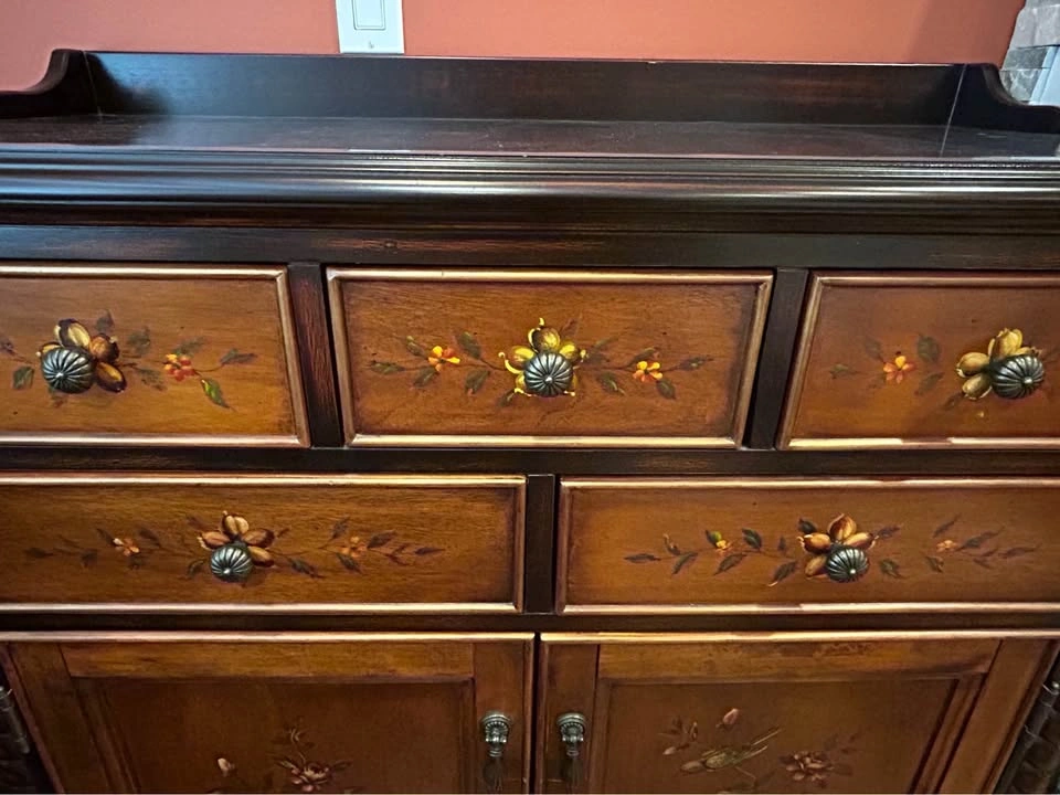 Hand-Painted Floral and Bird Wooden Cabinet - photo 2