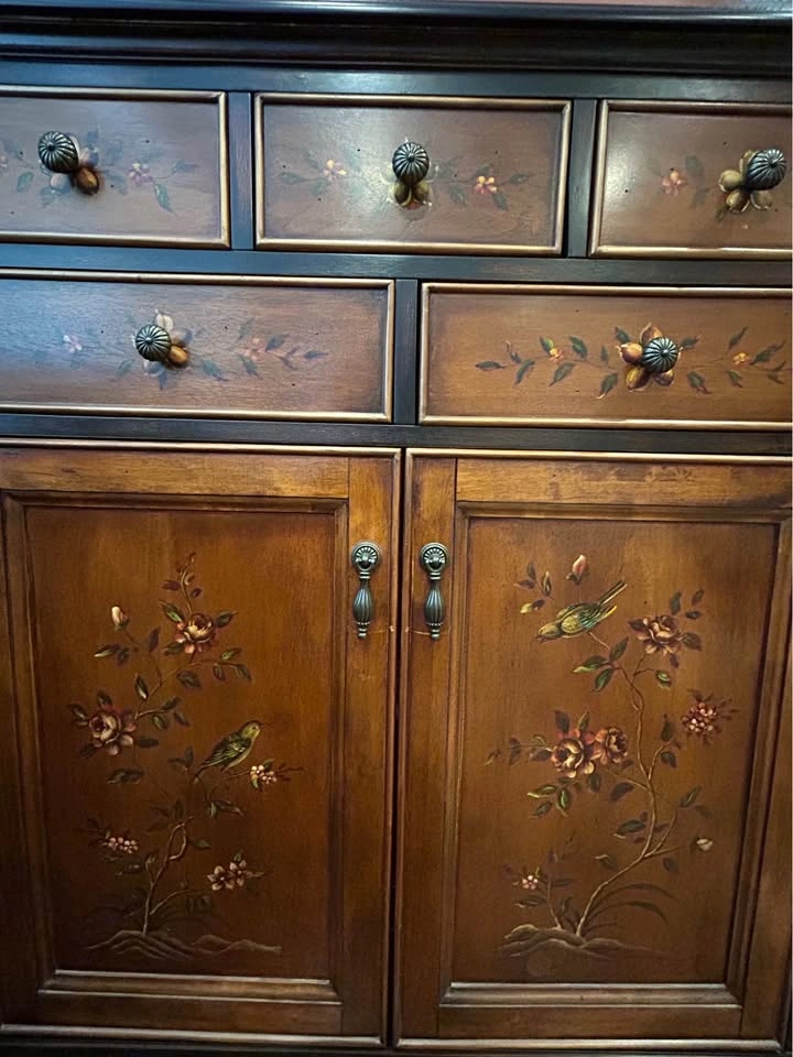 Hand-Painted Floral and Bird Wooden Cabinet - photo 3