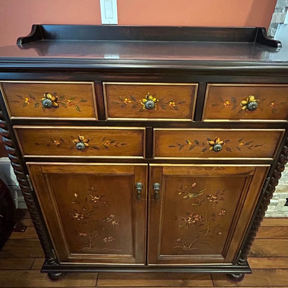 Hand-Painted Floral and Bird Wooden Cabinet - photo 4