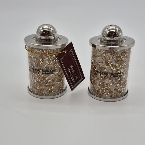 Judaica Silver Gold Clear Round Salt & Pepper Shakers Set