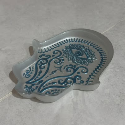 Ceramic Hamsa Hand Trinket Dish White with Blue Mandala Design