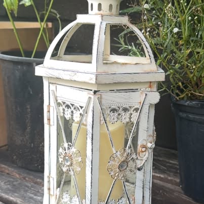 White Distressed Decorative Lantern with Candle