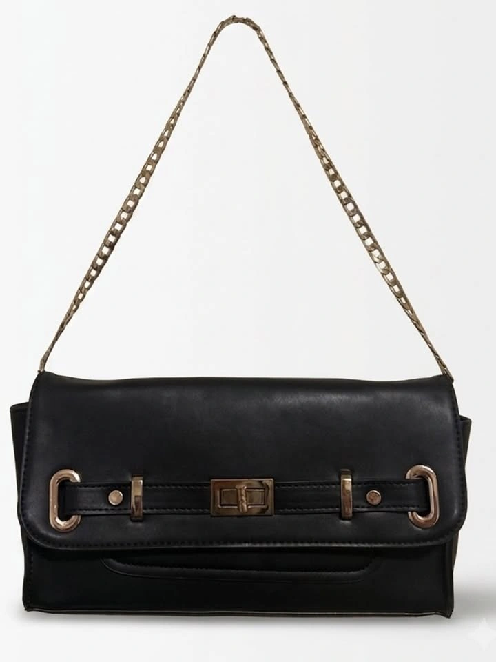 Le Chateau Black Faux Leather Shoulder Bag Gold Chain