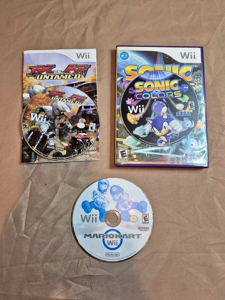Nintendo Wii 3-Game Lot - Mario Kart Wii, Sonic Colors CIB, MX v