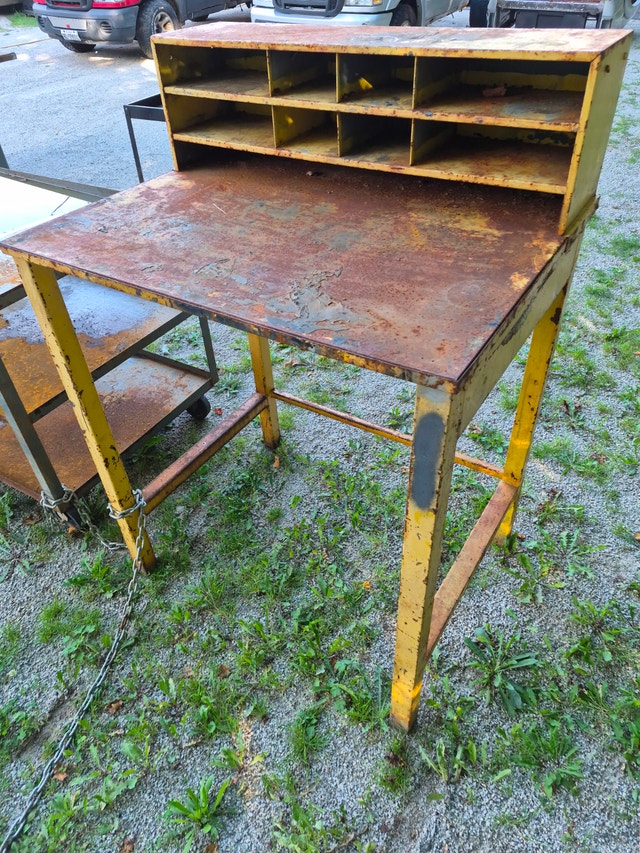 Work table tall with storage compartments solid metal yellow