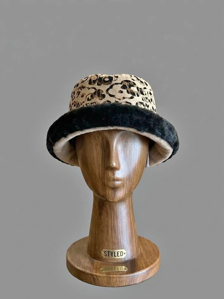 Leopard Print Faux Fur Trim Bucket Hat
