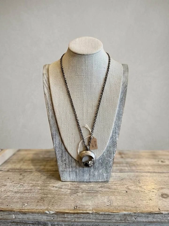 Antiqued Silver-Tone Circular Pendant Necklace