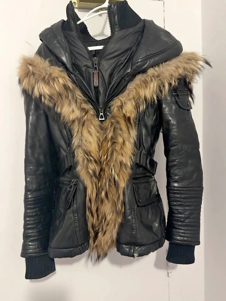 Rudsak Black Leather Down Parka with Fur Trim