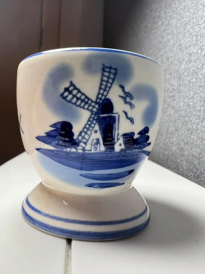 Vintage Hand-Painted Delft Blue Egg Cup | Dutch Windmill & Flora