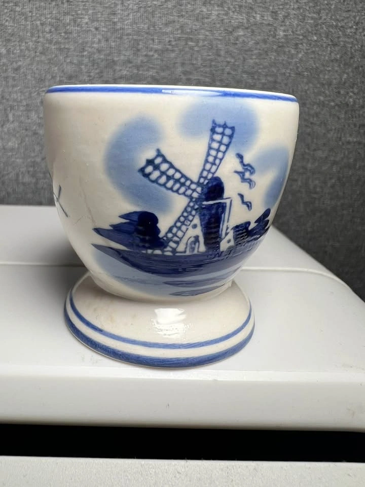 Vintage Hand-Painted Delft Blue Egg Cup | Dutch Windmill & Flora - photo 5