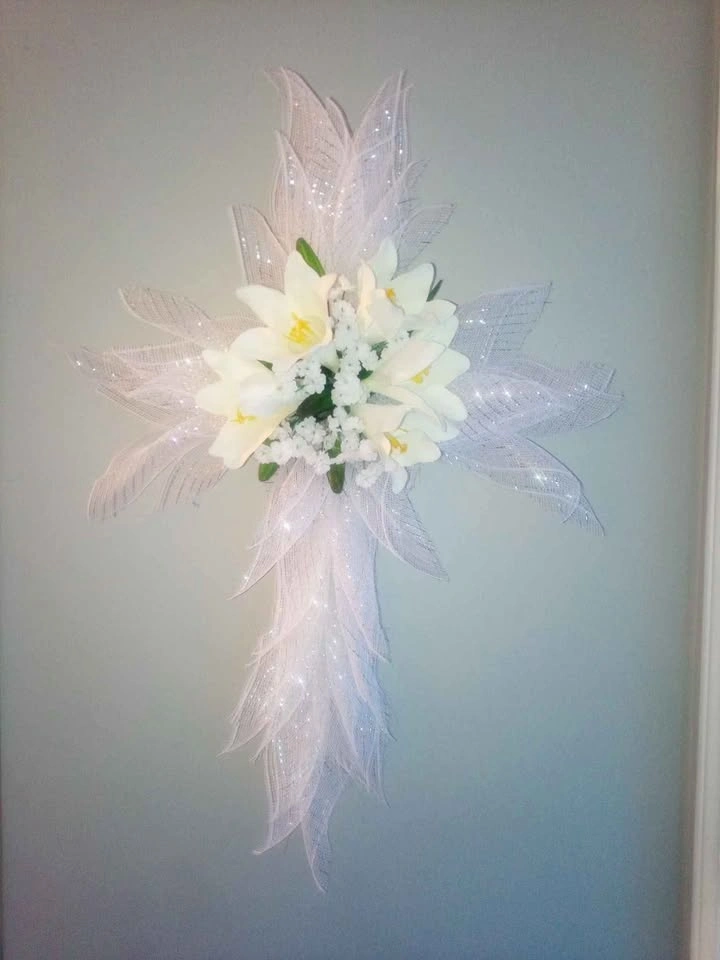 Easter Cross Wreath with Easter Lilies and white flowers