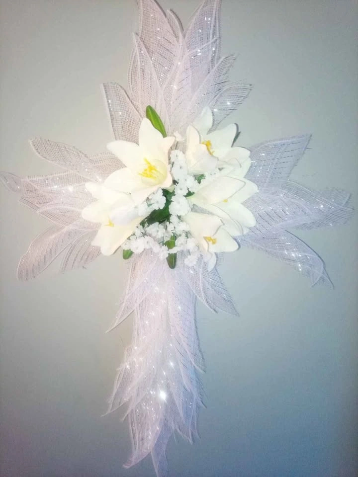 Easter Cross Wreath with Easter Lilies and white flowers - photo 2