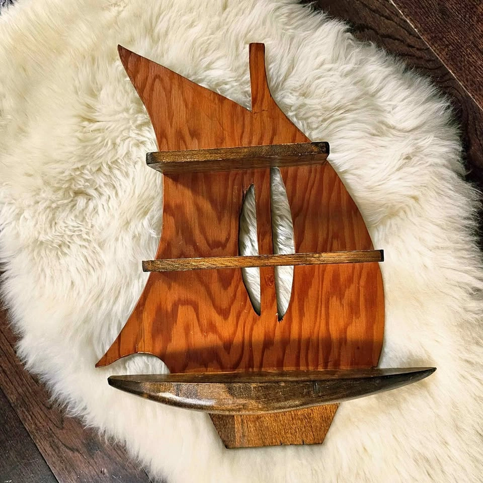 1955 Vintage Handmade Wooden Sailboat Wall Shelf