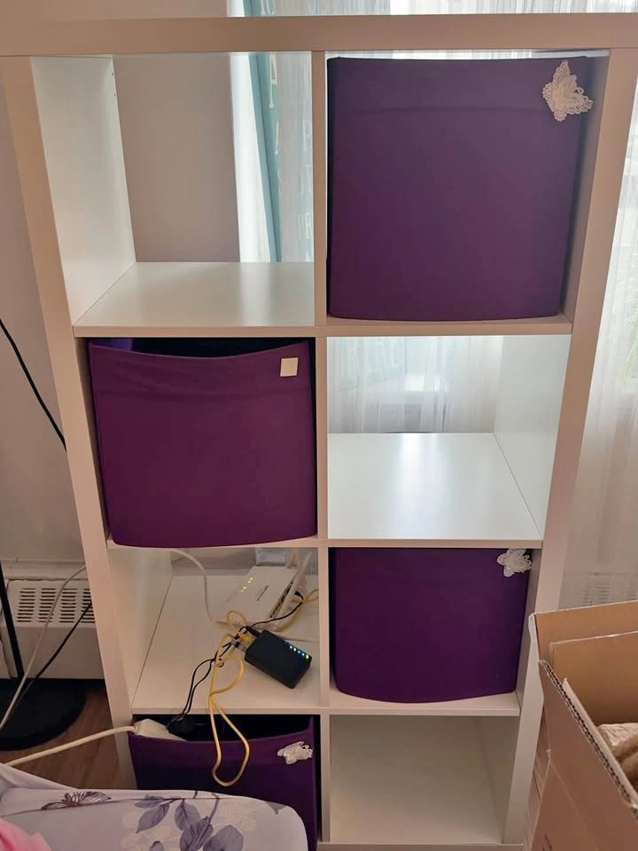 IKEA Kallax 8-Cube Shelf Unit and 4 Purple Storage Boxes
